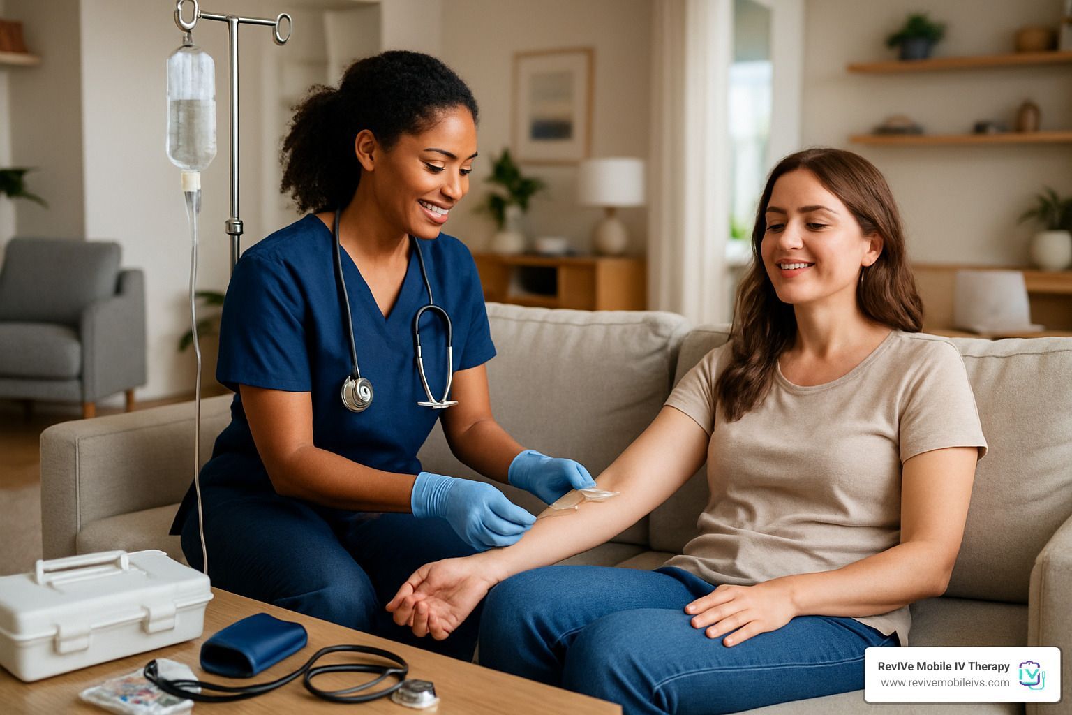Nurse administering IV fluids to a woman at home; both are smiling, indoors.