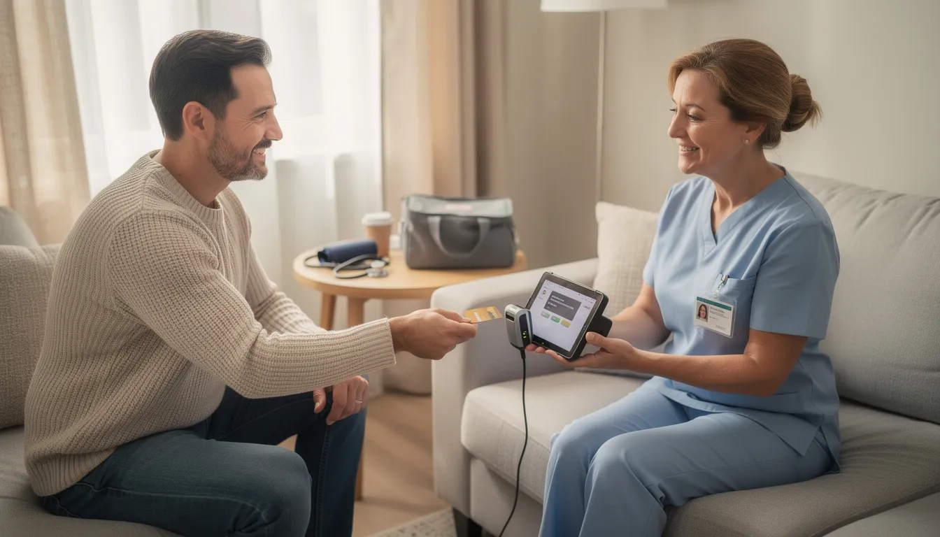 Nurse taking payment during a home IV visit