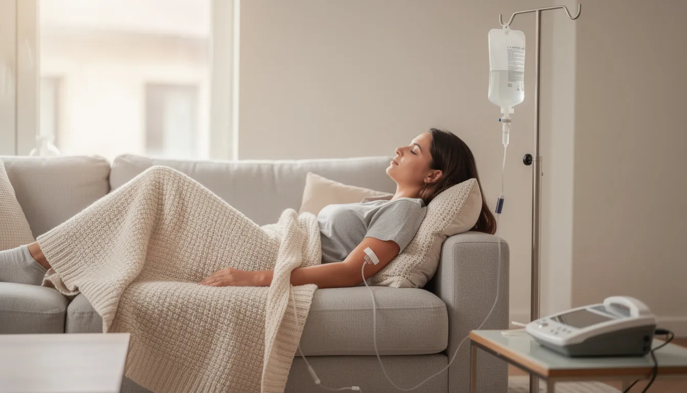 Person relaxing on a couch during IV therapy