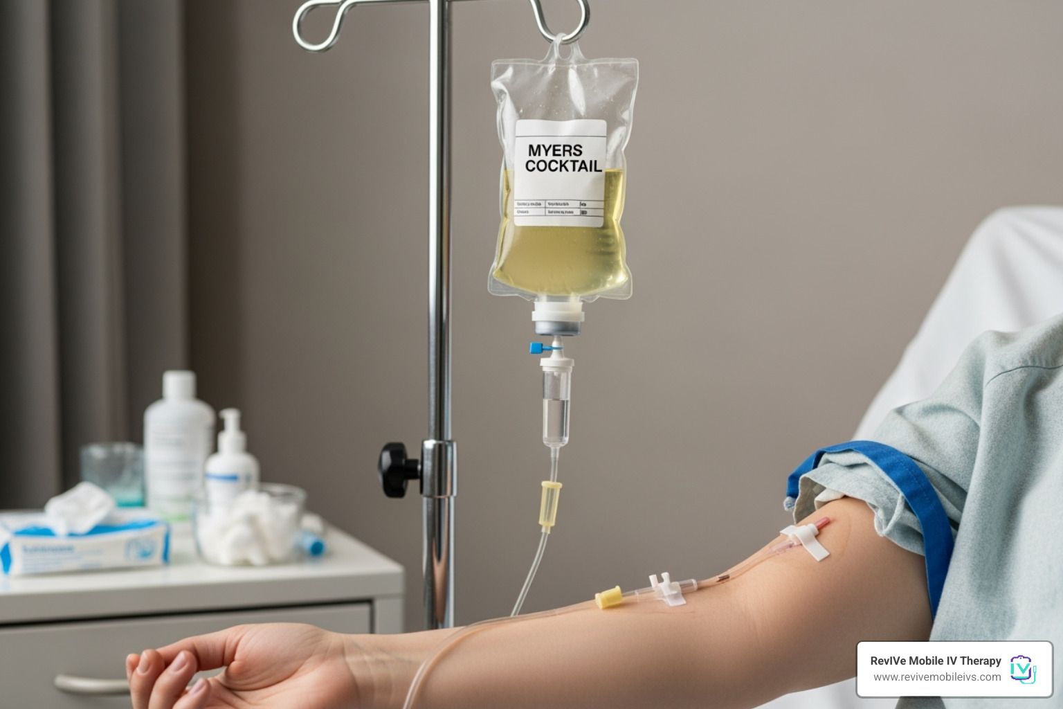 Person receiving intravenous fluids; IV bag with