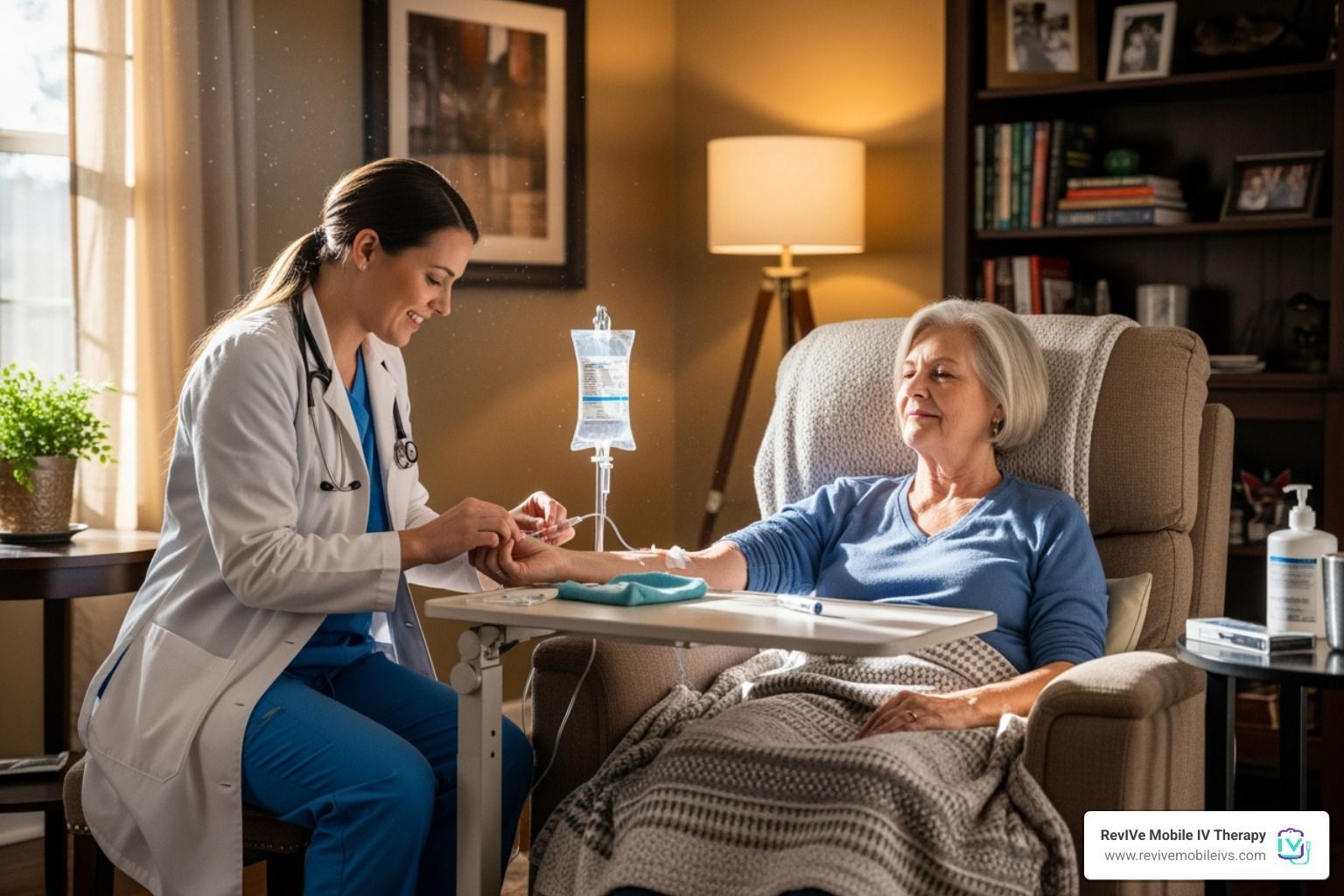 Nurse administering IV fluids to an elderly woman in a living room.