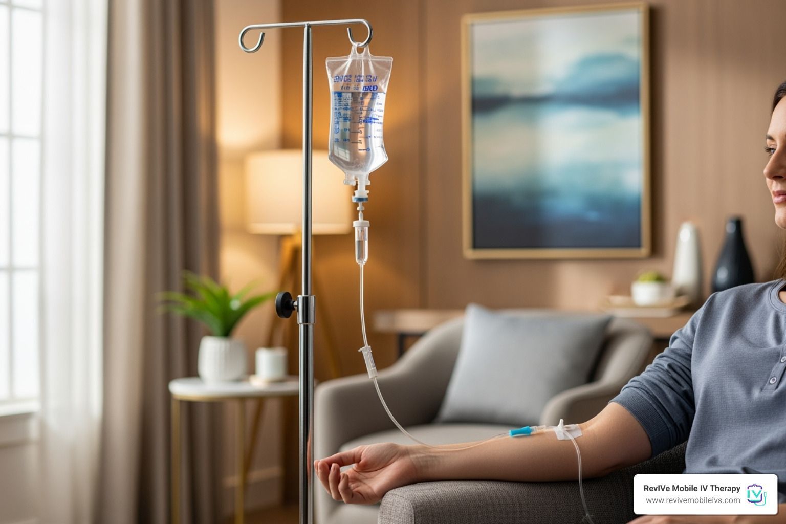 Woman receiving intravenous fluids in a home setting; IV bag hanging on a stand, arm in focus.