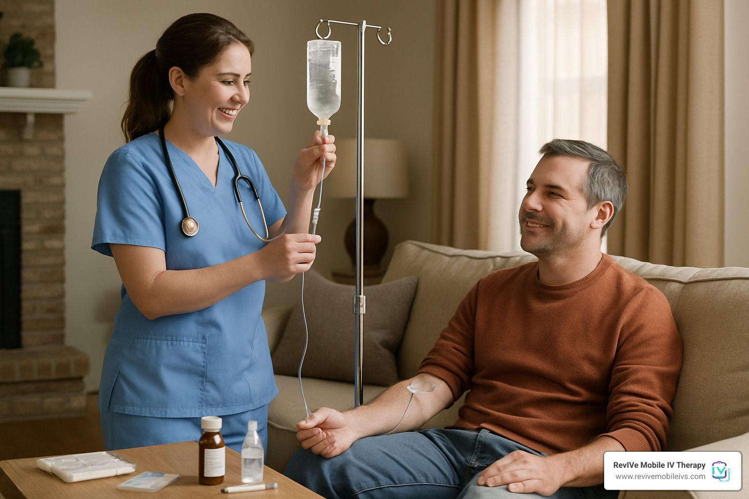 Nurse setting up IV for a man in a living room, both smiling.
