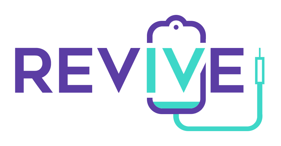 A logo for a company called revive with a stethoscope and a syringe.