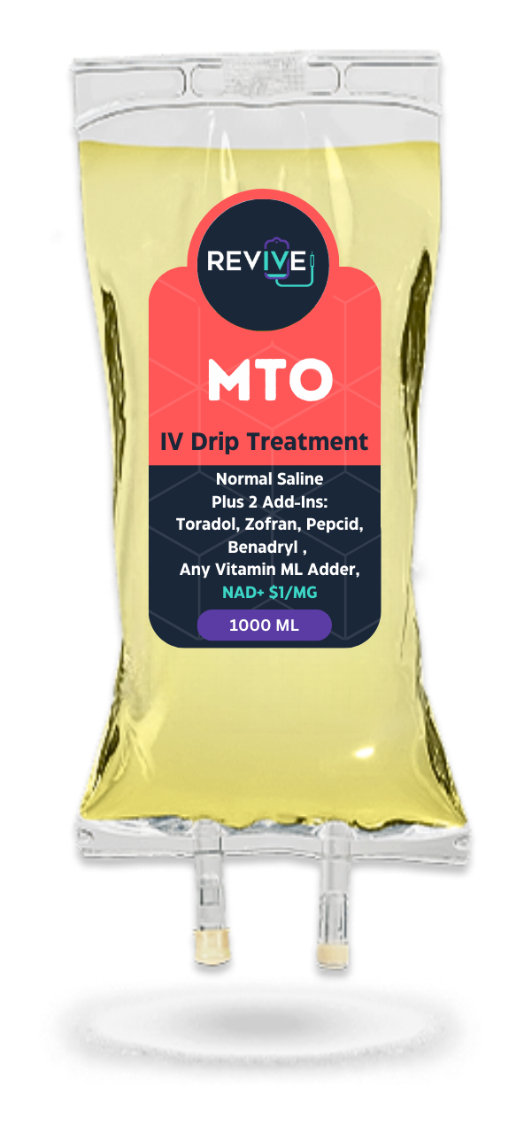 A bag of mto iv drip treatment on a white background.