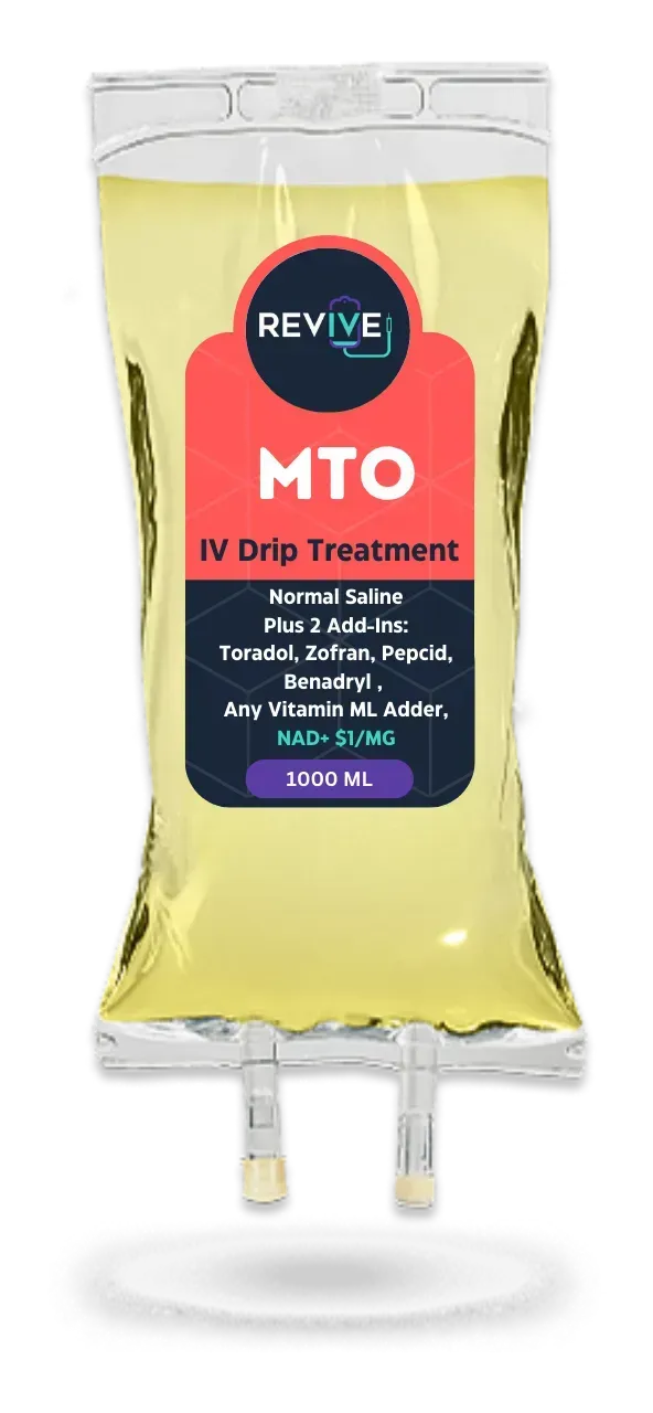 IV drip bag labeled "MTO", likely a medical treatment. Orange label, light yellow liquid.