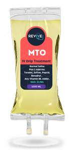 A bag of mto iv drip treatment on a white background.