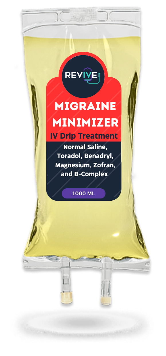 A bag of revive migraine minimizer iv drip treatment