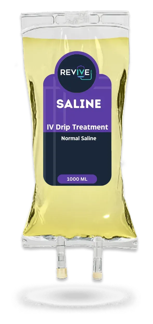 IV drip bag labeled "Saline" for IV drip treatment.