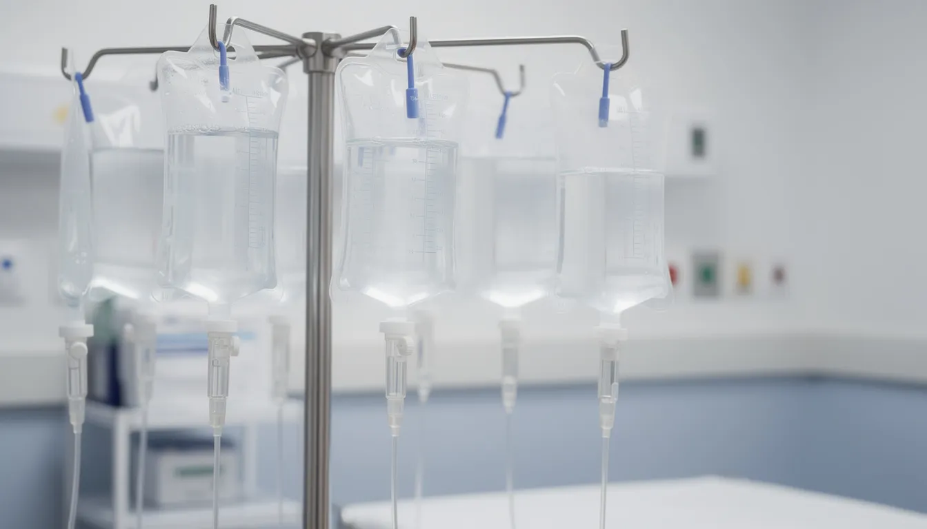 Clear IV fluid bags on a medical stand
