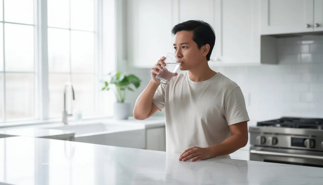 Person drinking water in a kitchen