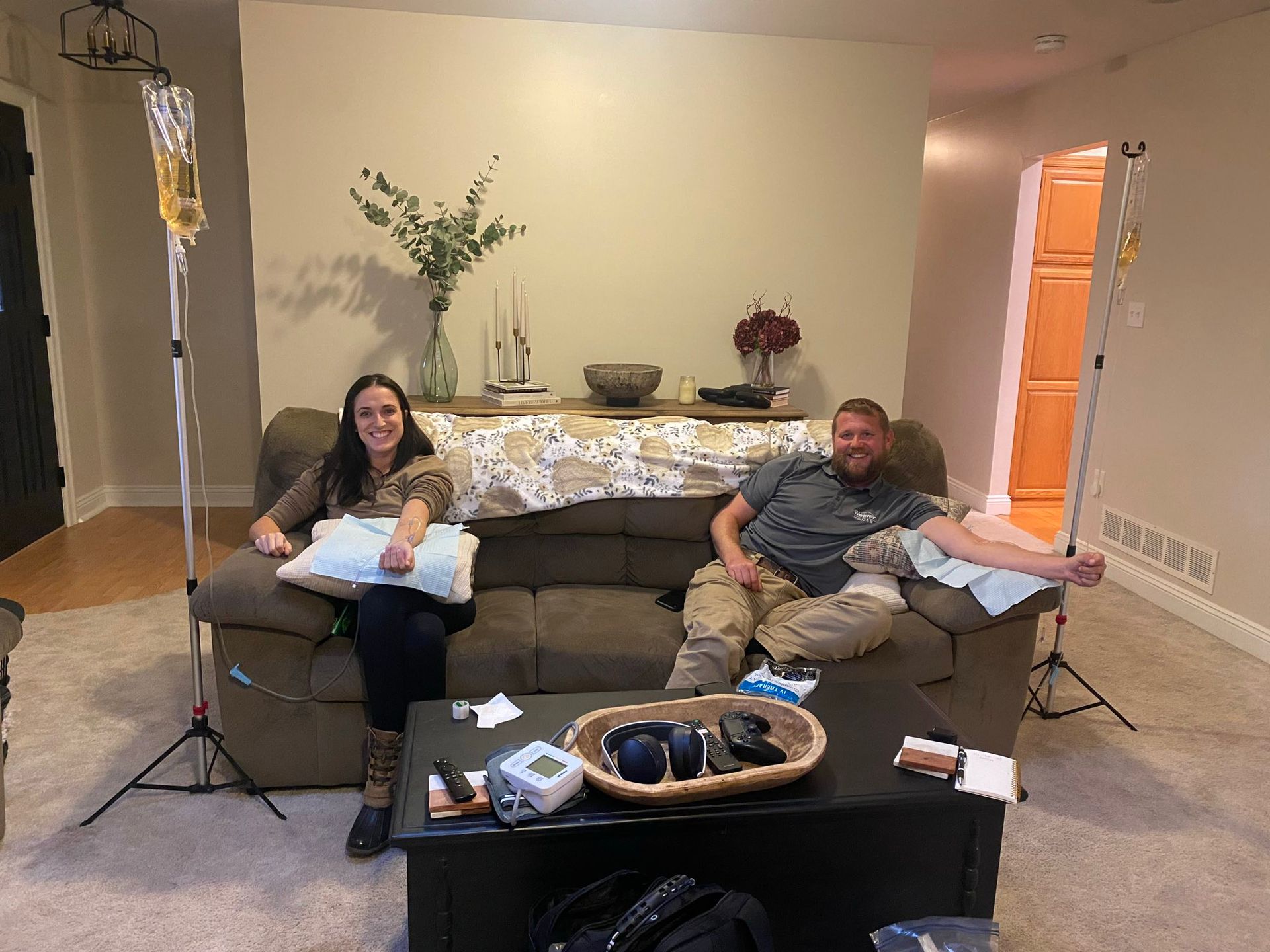 Two clients relaxing during in-home IV therapy