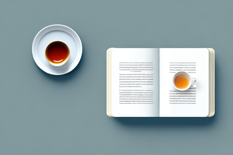 An open book next to a cup of tea on a saucer