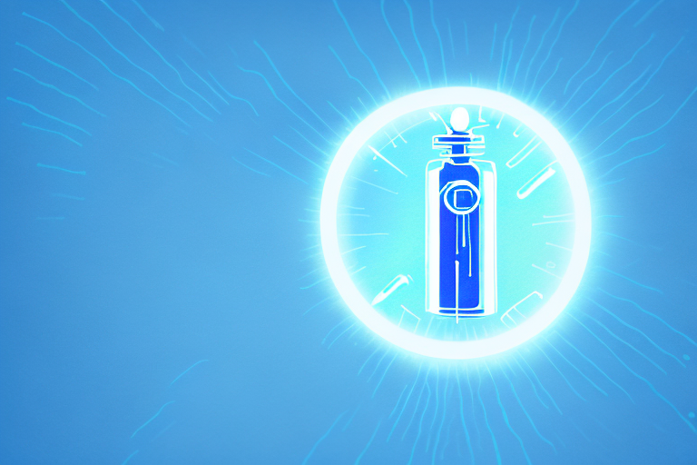 A blue bottle is inside of a white circle on a blue background.