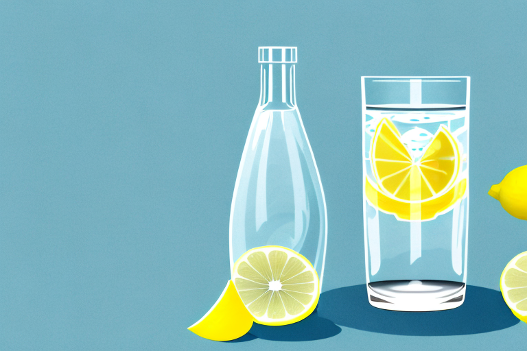 A bottle of water and a glass of water with lemon slices on a blue background.