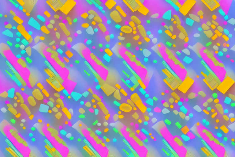 A seamless pattern of colorful lines and squares on a blue background.