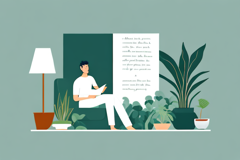 A man is sitting in a chair reading a book surrounded by potted plants.