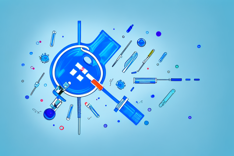 A magnifying glass is surrounded by various tools on a blue background.
