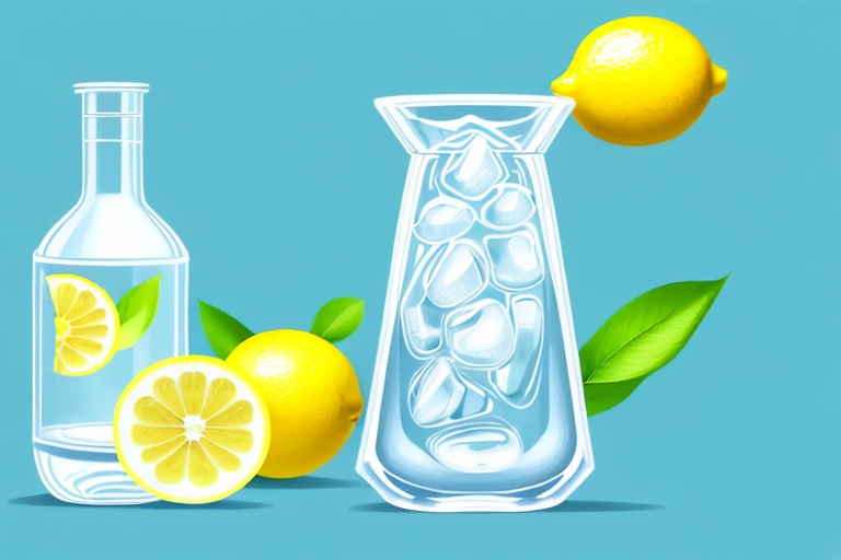 A bottle of water and a glass of water with ice and lemons.