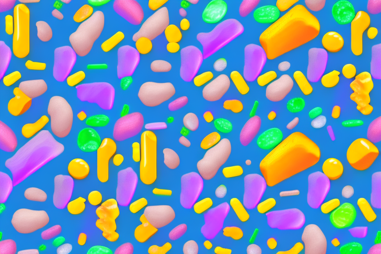 A seamless pattern of colorful candies on a blue background.