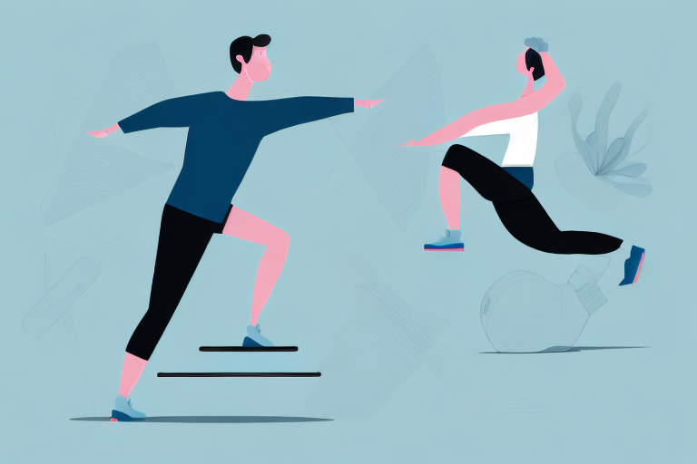 A man and a woman are doing exercises on a blue background.