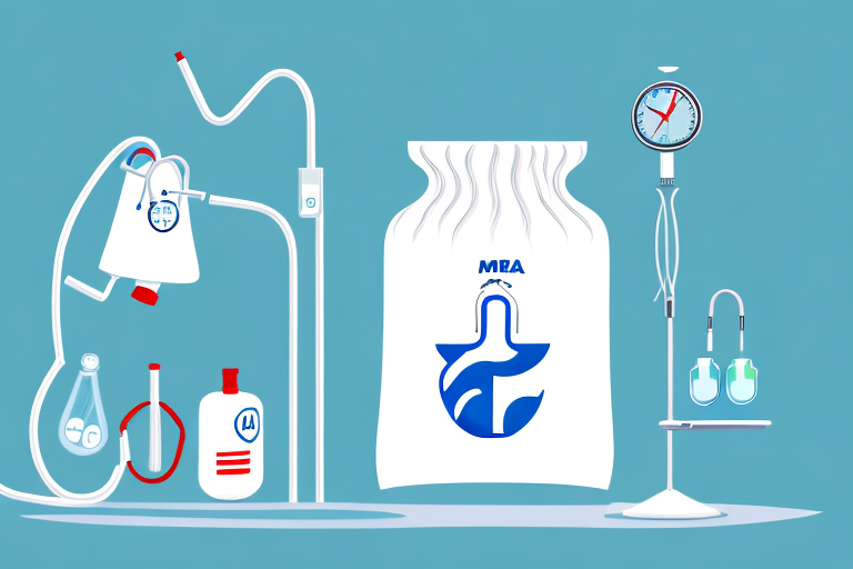 A cartoon illustration of a bag of medication surrounded by medical equipment.