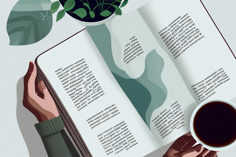 A person is reading a book next to a cup of coffee.