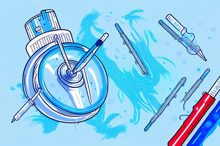 A drawing of a water bottle with a needle sticking out of it