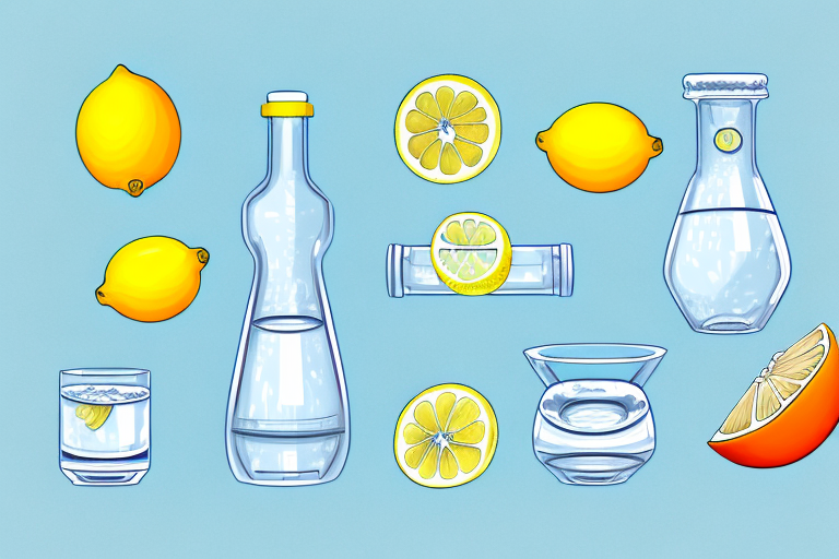 A set of bottles , glasses , lemons and grapefruit on a blue background.