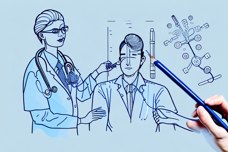 A drawing of a doctor examining a patient 's ear