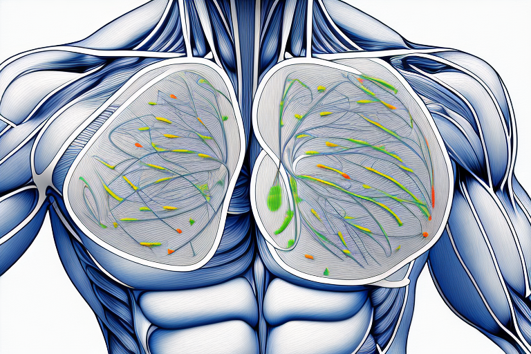 A drawing of a man 's chest showing the muscles and veins