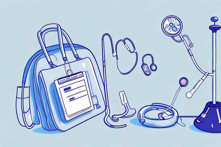 A blue and white drawing of a stethoscope , a clipboard , a bag , and a microphone.