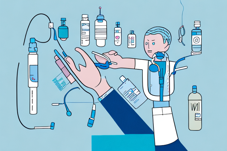 A cartoon illustration of a doctor surrounded by various medical equipment