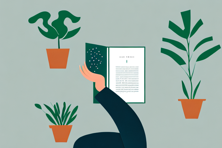 A person is reading a book surrounded by potted plants.
