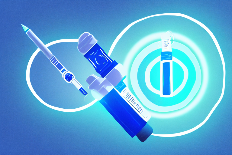An illustration of a pen and a syringe on a blue background.