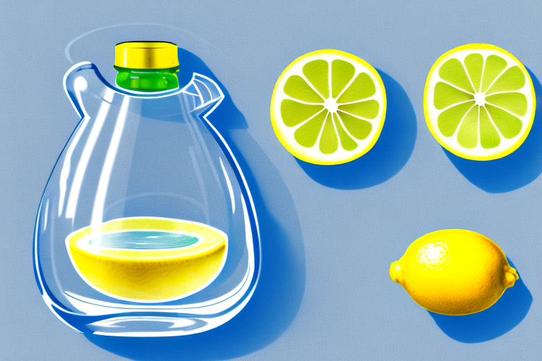 A bottle of lemon juice next to two slices of lemon