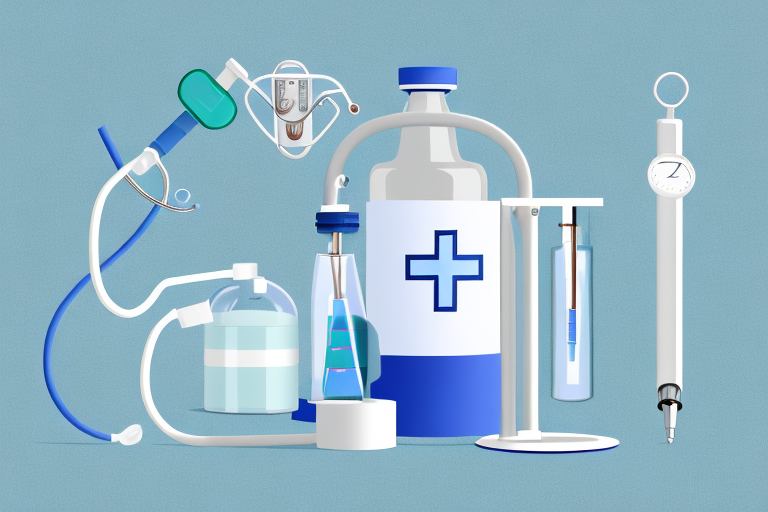 A bottle with a cross on it is surrounded by medical equipment.