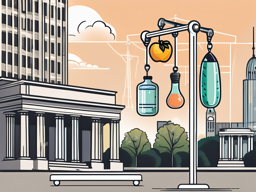 A cartoon illustration of a street light with a tomato , light bulb , and bottles hanging from it.