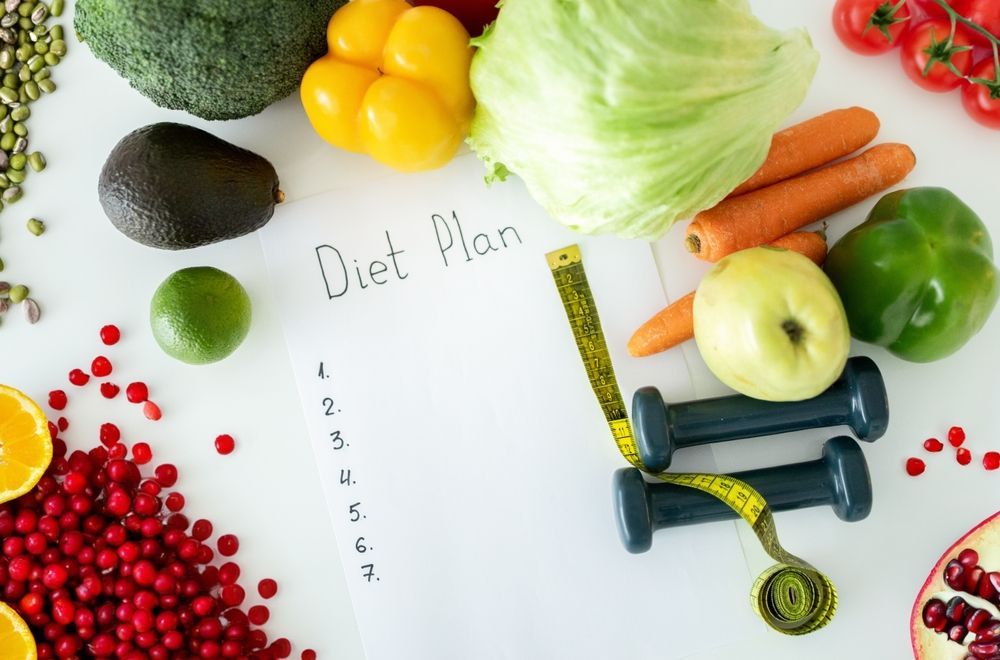 A diet plan is written on a piece of paper surrounded by fruits and vegetables.