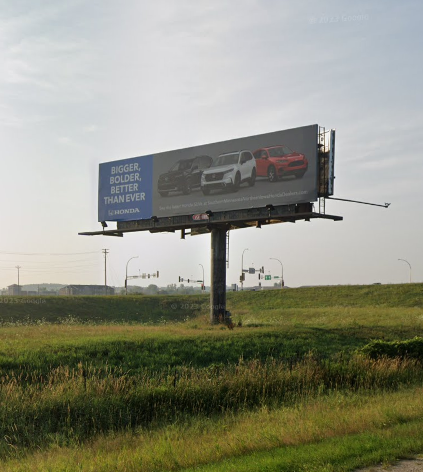 Billboard advertising cars; black, white, and red models, text