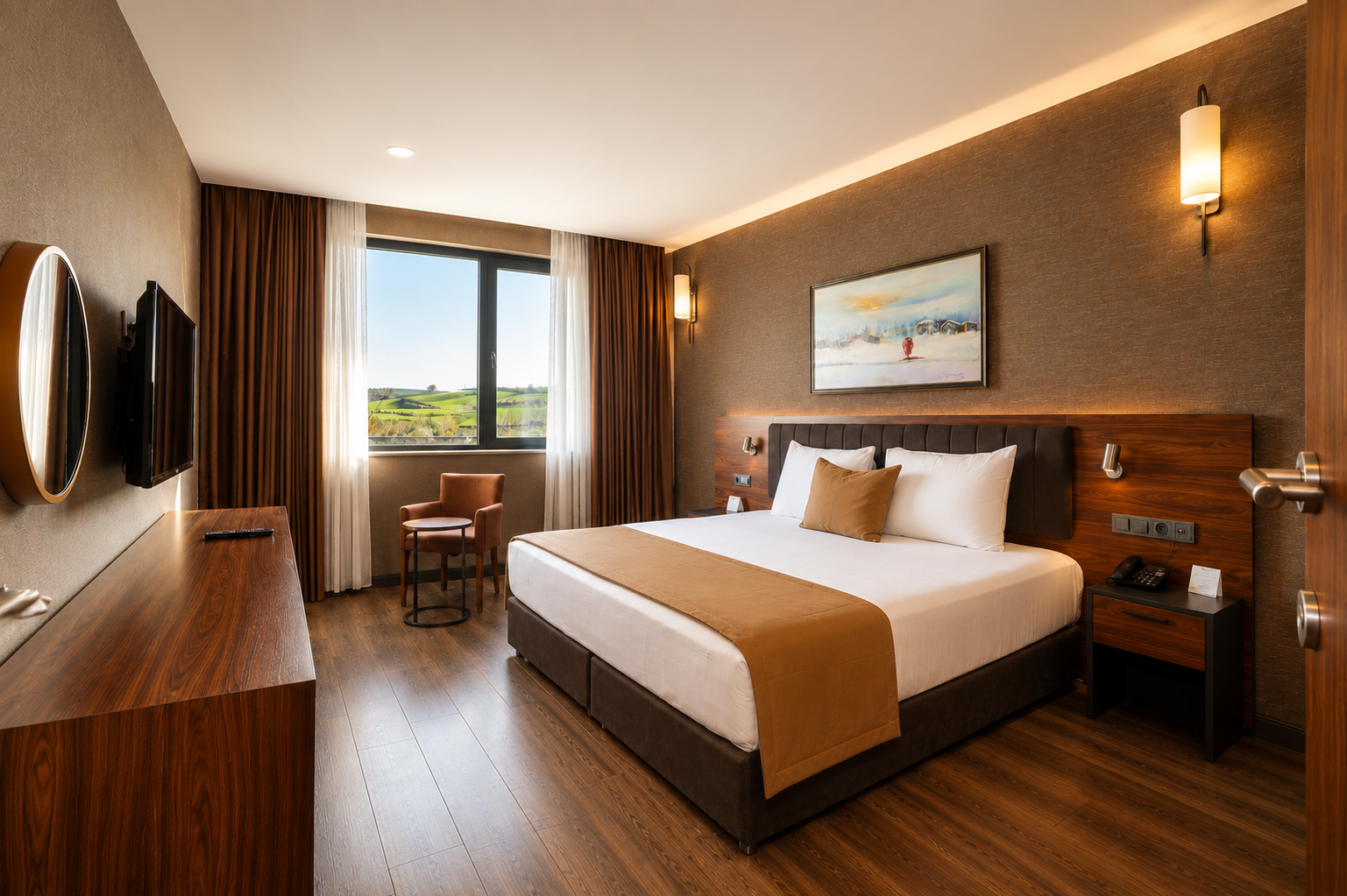 Çift kişilik yatak, gri kanepe, ahşap mobilyalar, kahverengi perdeler, modern bir otel odası.