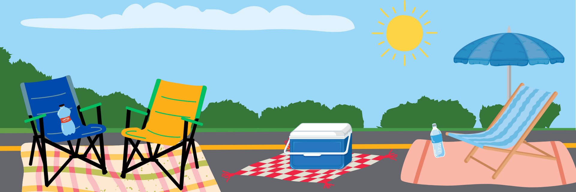 Three folding chairs are sitting on a checkered picnic blanket with a cooler and sunshine on a parking lot