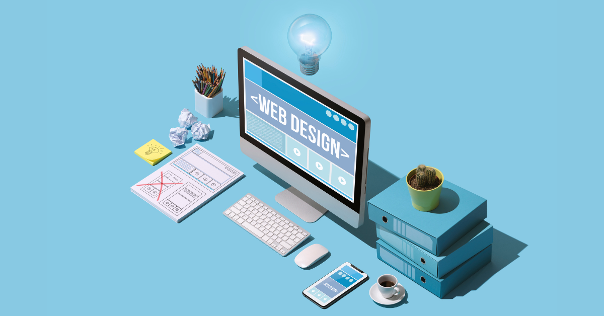 A modern workspace setup featuring a computer screen displaying 'Web Design,' with a sketch of a website layout, office supplies, and a cup of coffee on a blue background.