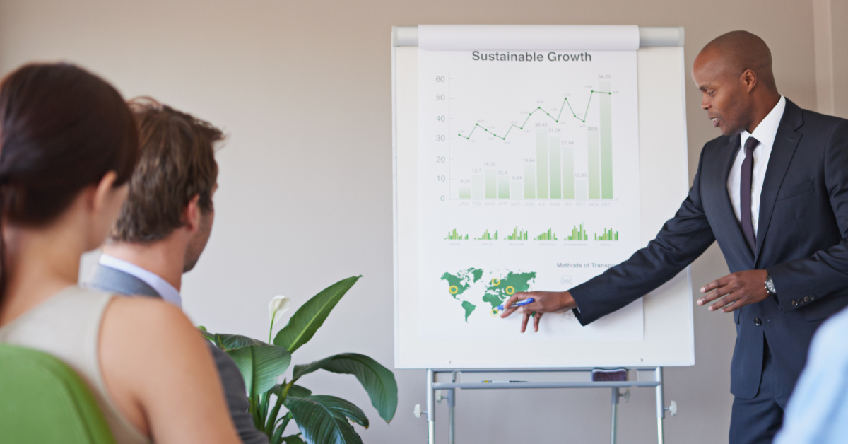 business man giving a presentation on sustainable growth