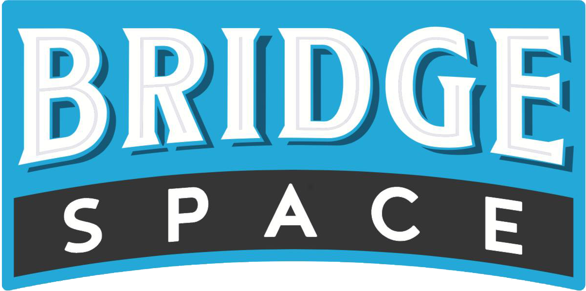 A blue and white logo for bridge space.