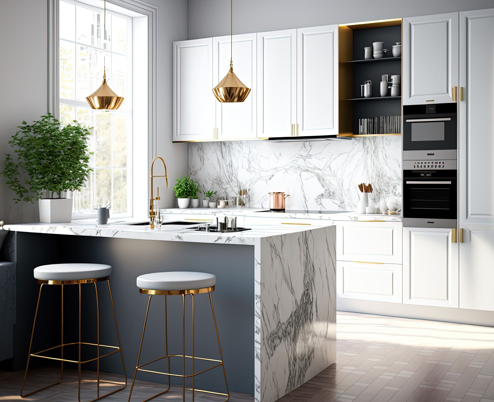 A kitchen with white cabinets and marble counter tops