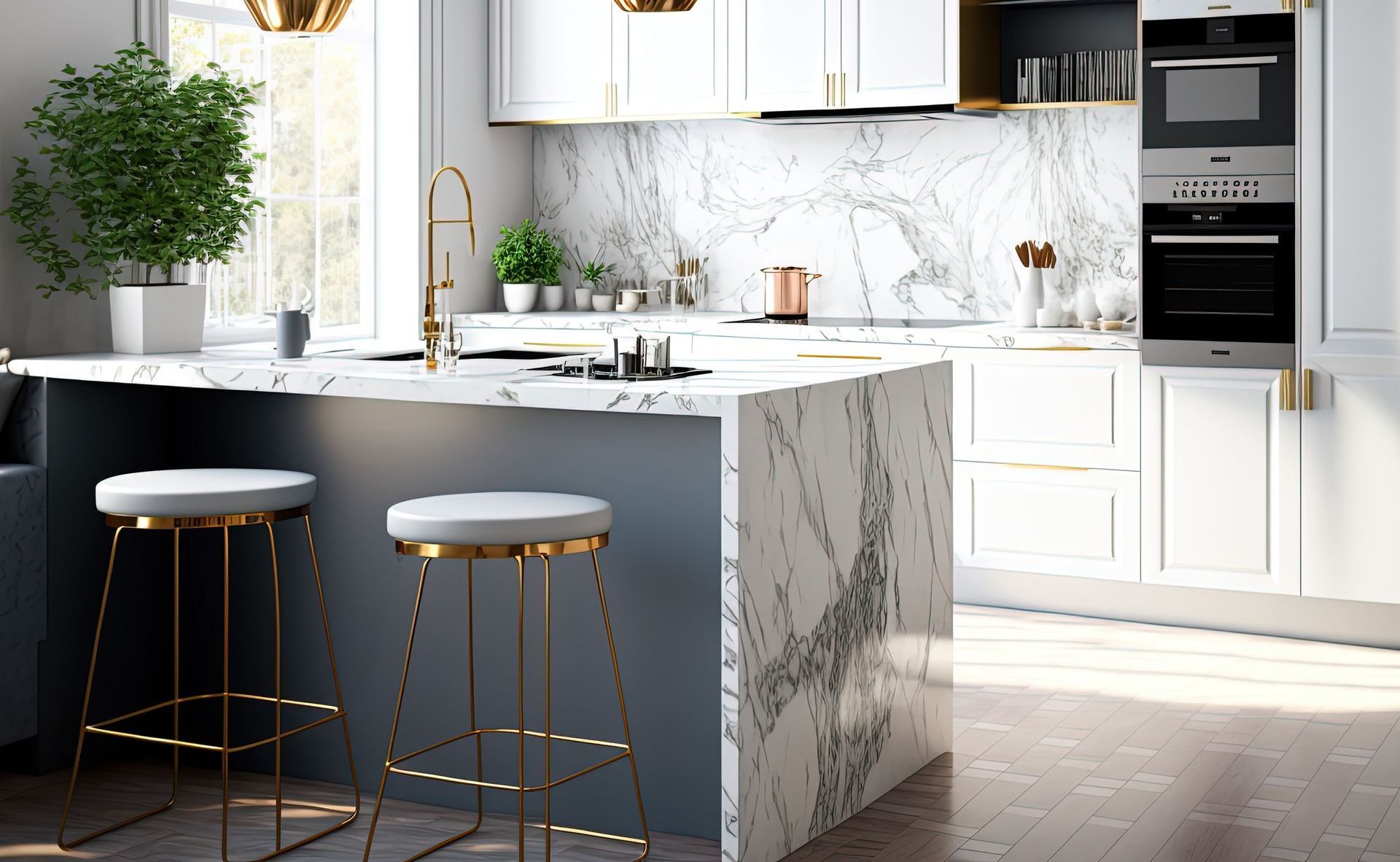 a kitchen with white cabinets and marble counter tops