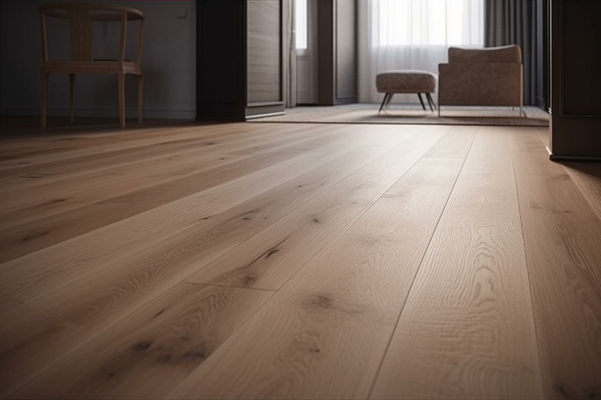 a wooden floor in a living room with a chair and ottoman
