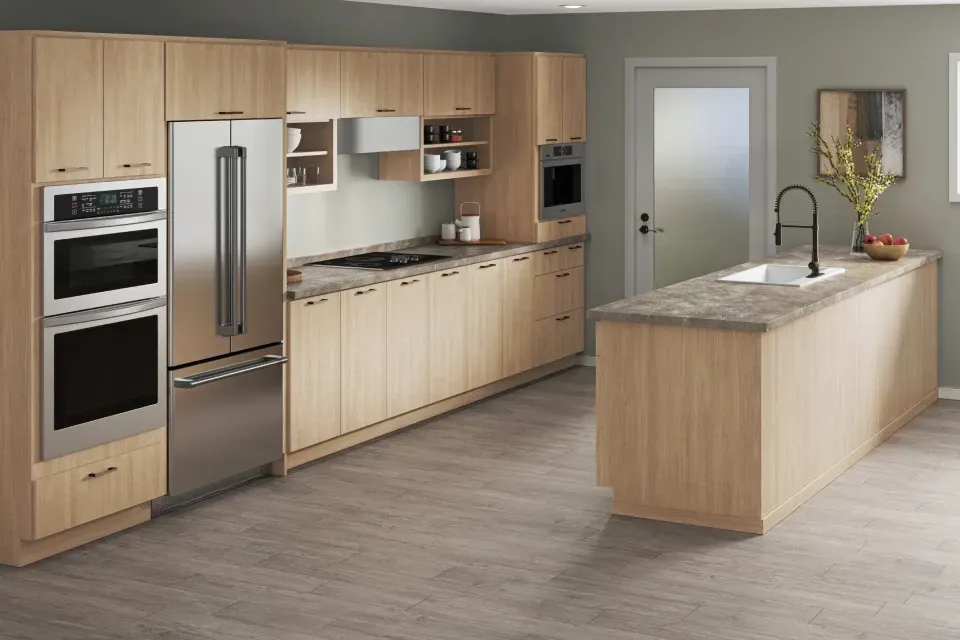 a kitchen with stainless steel appliances and wooden cabinets
