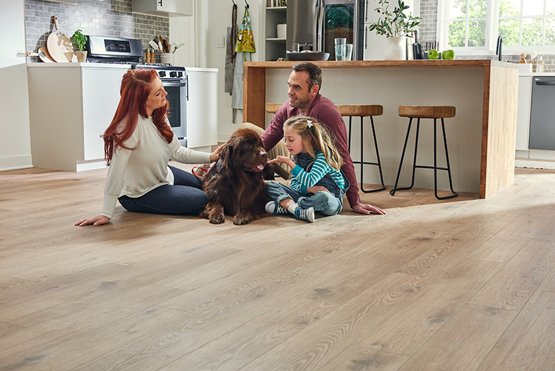a family is sitting on the floor with their dog